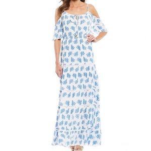 Reef print tiered lace trimmed maxi dress